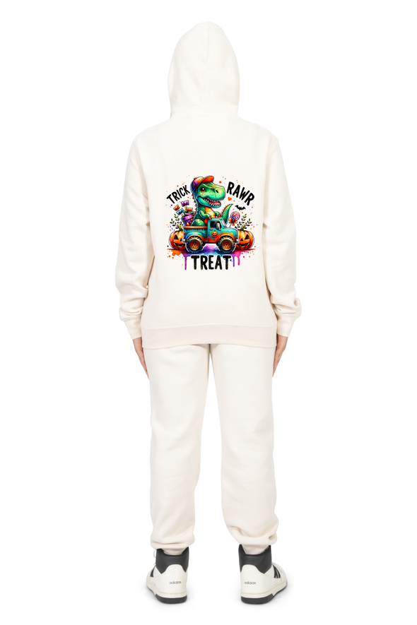 Everyday Kids “Trick RAWR Treat” Dinosaur Halloween Hoodie – Cute T-Rex Truck Graphic with Pumpkins & Candy – Fun Fall ZIp-up Sweatshirt for Boys, Off-White