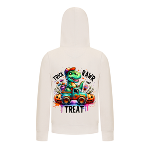 Everyday Kids “Trick RAWR Treat” Dinosaur Halloween Hoodie – Cute T-Rex Truck Graphic with Pumpkins & Candy – Fun Fall ZIp-up Sweatshirt for Boys, Off-White