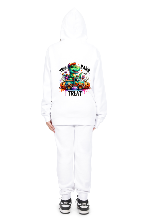 Everyday Kids “Trick RAWR Treat” Dinosaur Halloween Hoodie – Cute T-Rex Truck Graphic with Pumpkins & Candy – Fun Fall Pullover Sweatshirt for Boys, White