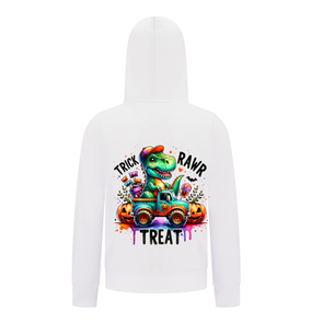 Everyday Kids “Trick RAWR Treat” Dinosaur Halloween Hoodie – Cute T-Rex Truck Graphic with Pumpkins & Candy – Fun Fall Pullover Sweatshirt for Boys, White
