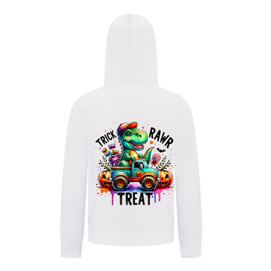 Everyday Kids “Trick RAWR Treat” Dinosaur Halloween Hoodie – Cute T-Rex Truck Graphic with Pumpkins & Candy – Fun Fall Pullover Sweatshirt for Boys, White