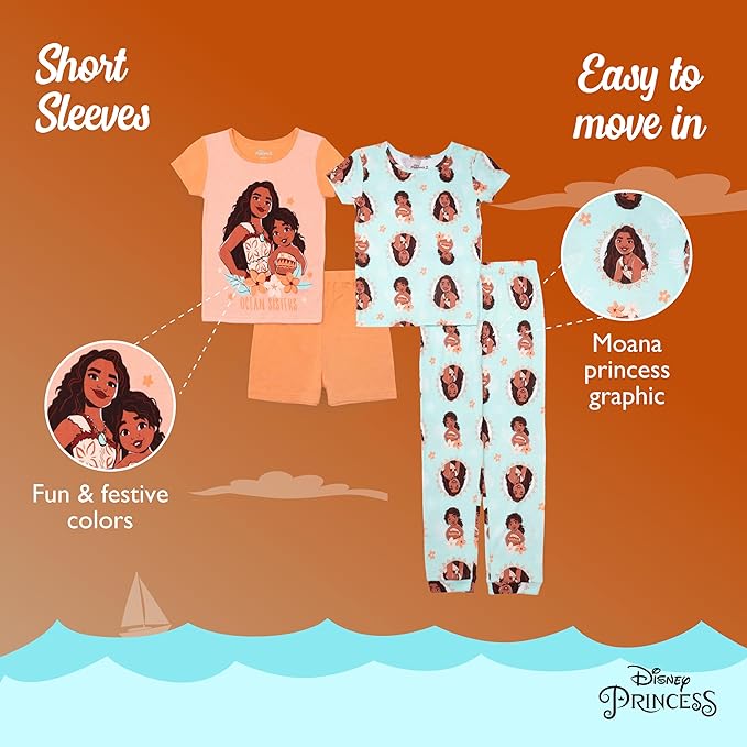 Disney Moana 2 Toddler Girls Ocean Sisters 4-Piece Pajama Set – Short Sleeve Tops, Shorts and Pants Sleepwear
