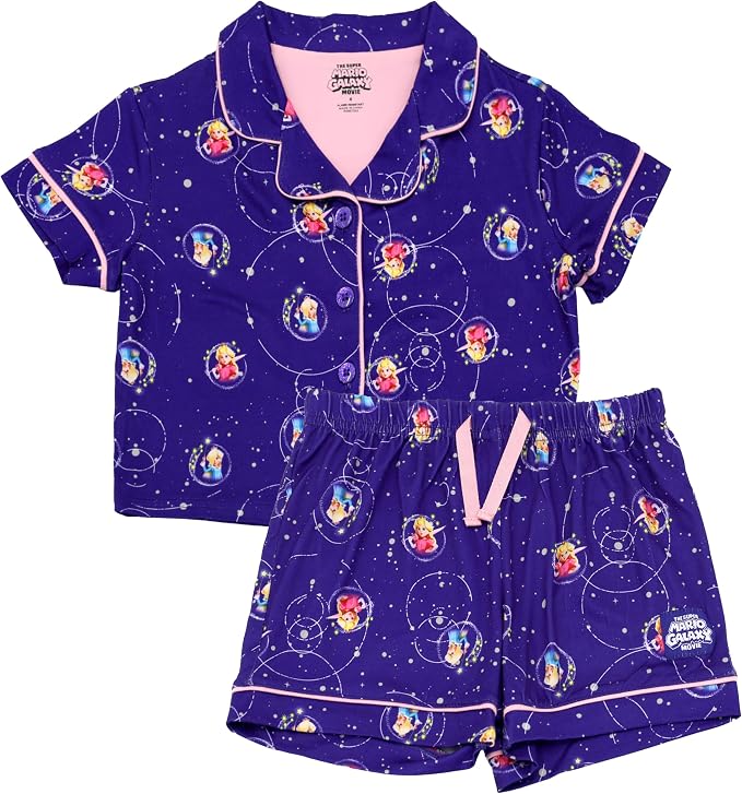 Super Mario Galaxy Movie Girls Short Sleeve Button-Up Pajama Set with Shorts, Purple Galaxy Print with Pink Piping, Sizes 4-10