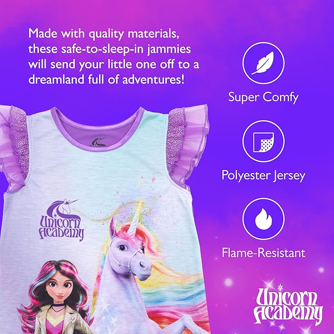 Unicorn Academy Girls Nightgown, Sofia and Wildstar Graphic Sleep Dress with Ruffle Flutter Sleeves, Purple and Lavender