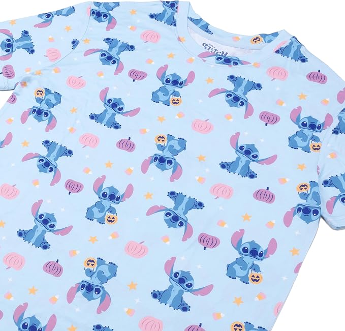 Disney Stitch Women's Nightgown Halloween Pumpkin Print Short Sleeve Sleep Shirt Dress Light Blue Sizes S to XL
