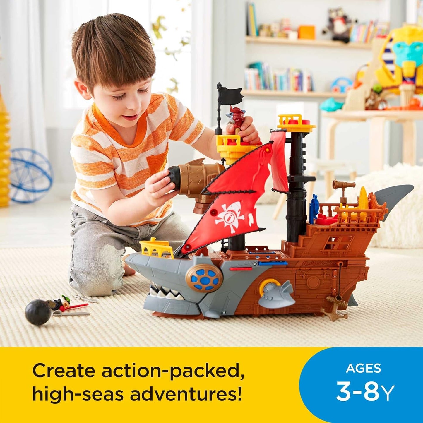 Fisher-Price Pirate Shark Ship Playset with Action Figures and Interactive Features for Kids