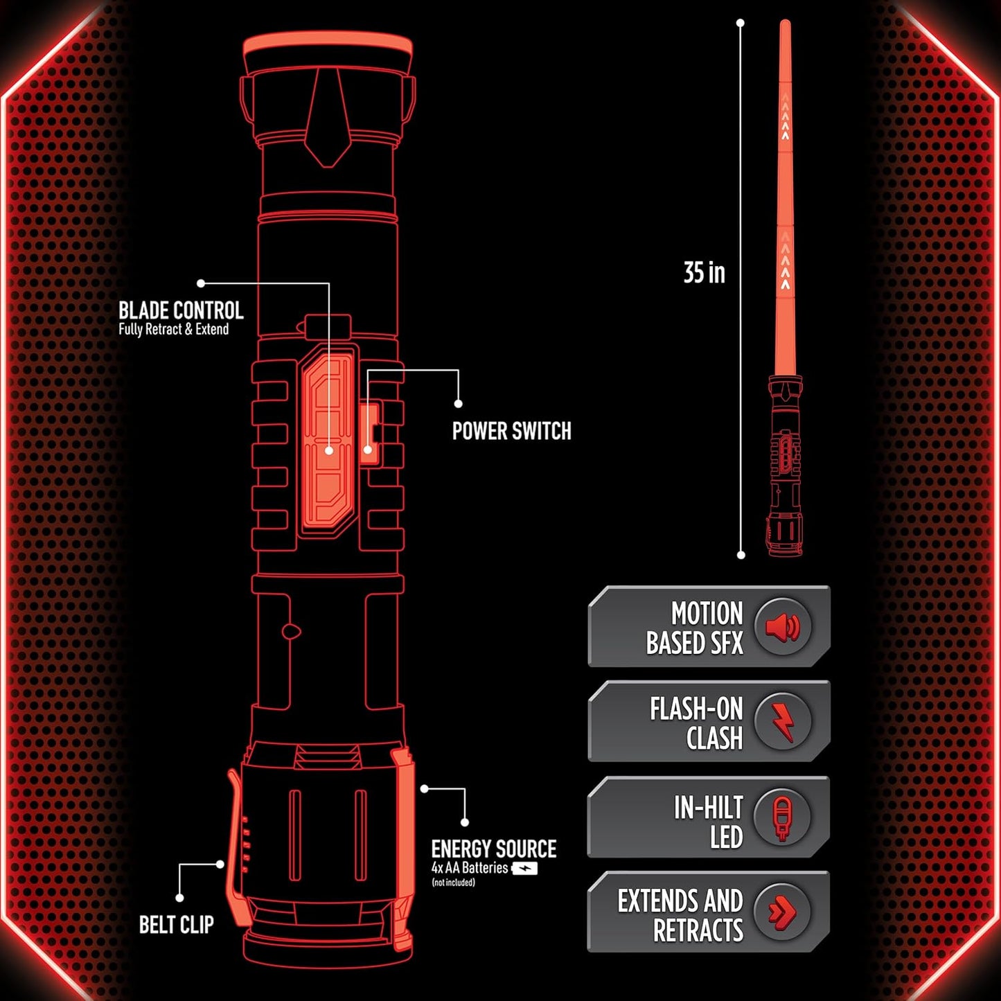 Power Saber Energy Blade – Auto-Extending Light-Up Saber Toy With Motion SFX & Clash Effects (Red)