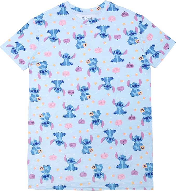 Disney Stitch Women's Nightgown Halloween Pumpkin Print Short Sleeve Sleep Shirt Dress Light Blue Sizes S to XL