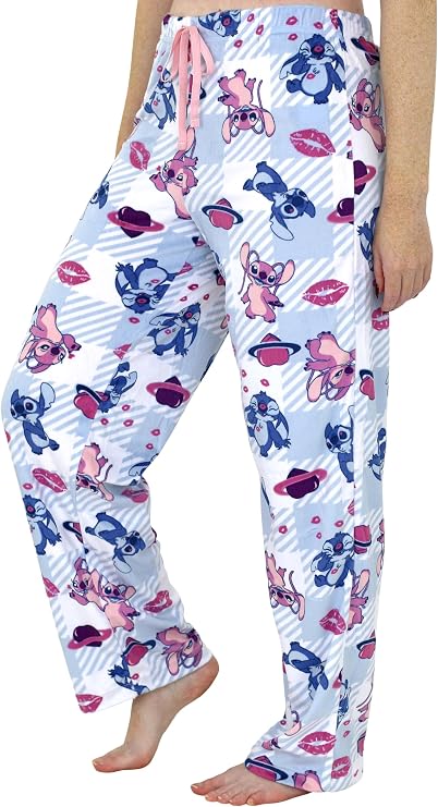 Disney Lilo & Stitch Women's Pajama Pants Stitch and Angel Blue Plaid Print Soft Drawstring Lounge Sleep Pants Sizes S to XL