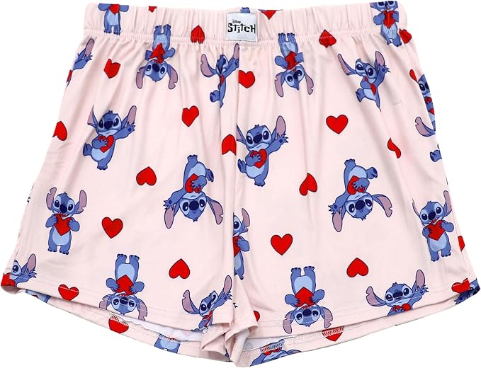 Disney Stitch Women's Pajama Boxer Shorts 2-Pack with Hearts and Love Letters Print Elastic Waist Sleep Shorts Sizes S to XL