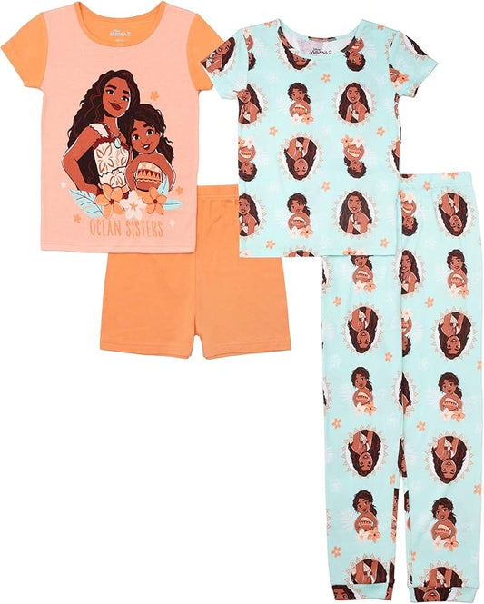 Disney Moana 2 Toddler Girls Ocean Sisters 4-Piece Pajama Set – Short Sleeve Tops, Shorts and Pants Sleepwear
