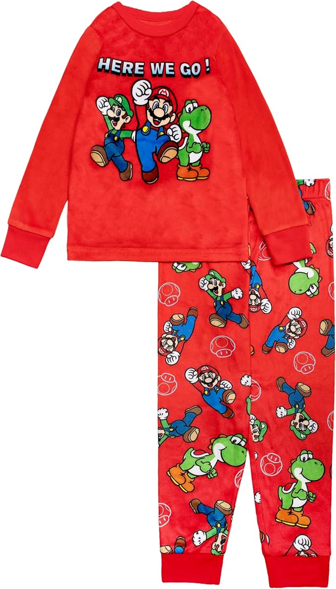 Super Mario Boys 2-Piece Fleece Pajama Set Featuring Mario Luigi and Yoshi Soft Long Sleeve Top with Matching Pants Sleepwear