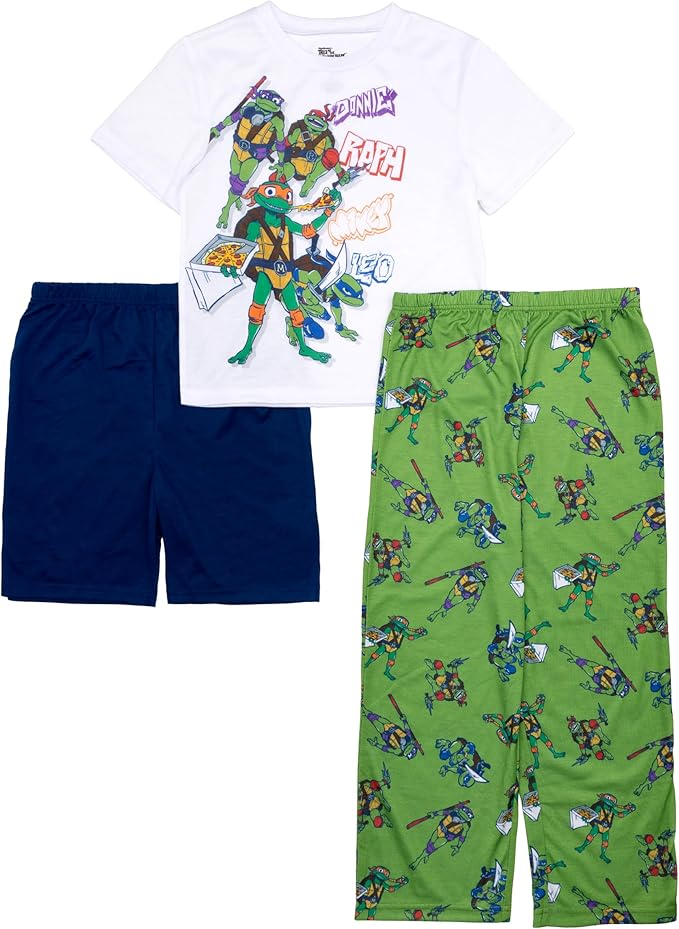 Teenage Mutant Ninja Turtles Kids 3 Piece Pajama Set Short Sleeve Shirt Shorts and Pants Sleepwear Set