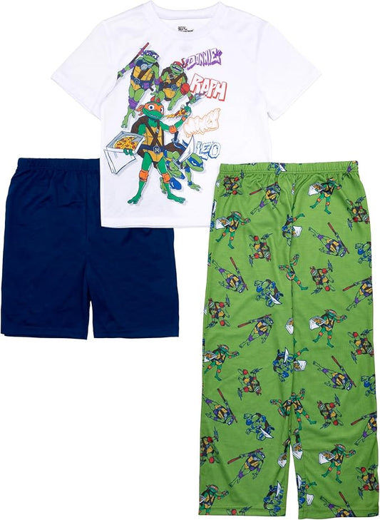 Teenage Mutant Ninja Turtles Kids 3 Piece Pajama Set Short Sleeve Shirt Shorts and Pants Sleepwear Set