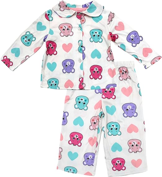 Care Bears Toddler 2-Piece Pajama Set, Long Sleeve Button-Front Top and Elastic Waist Pants, Colorful Hearts Print, Sizes 12M-4T