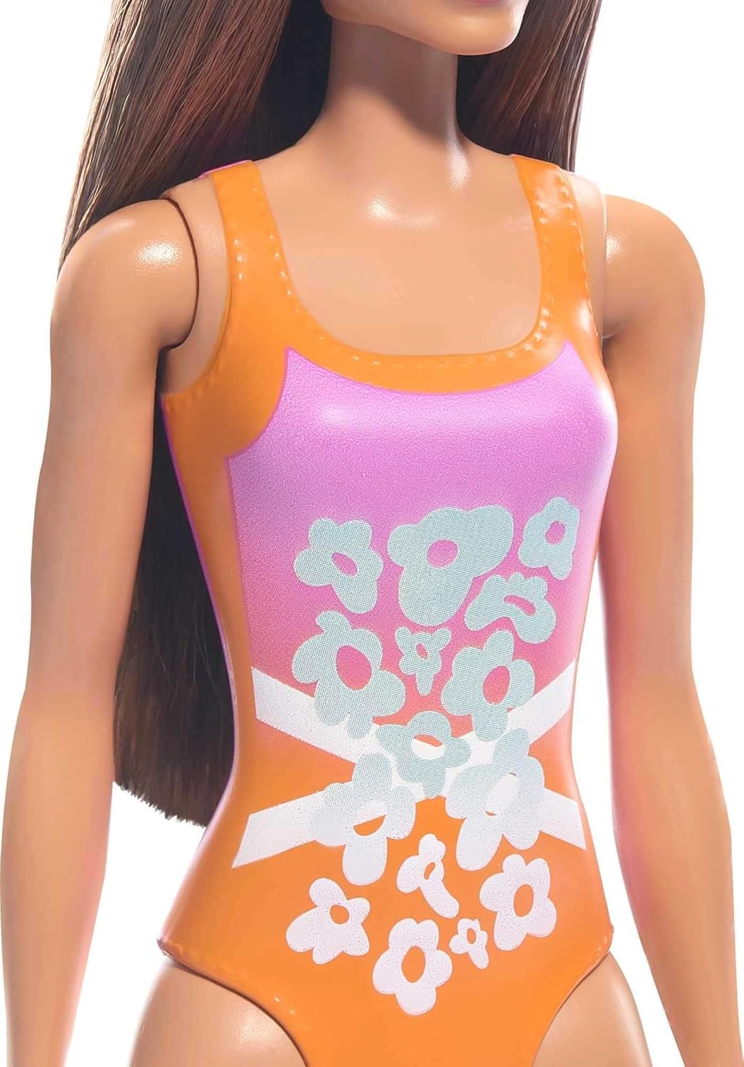Barbie Beach Doll with Orange and Pink One-Piece Swimsuit, Brunette Hair