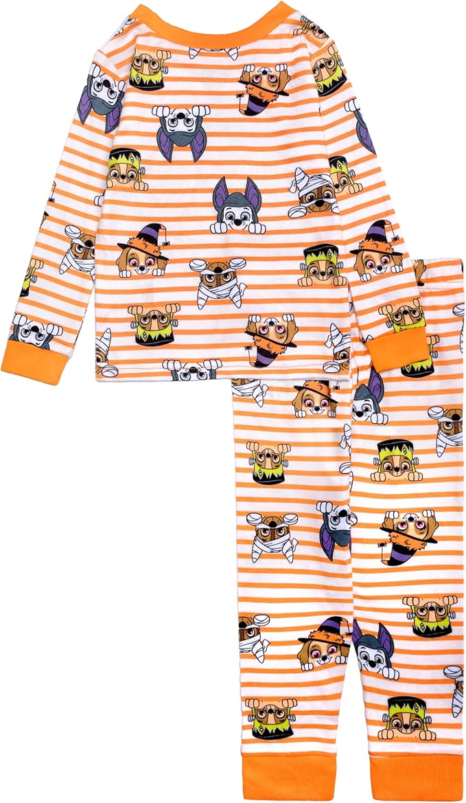 Paw Patrol Halloween Unisex 2-Piece Cotton Pajama Set, Long Sleeve "Trick or Treat" Pups Graphic Top and Striped Pants, Orange/White