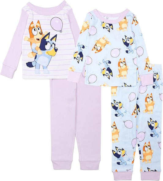 Bluey Toddler Girls 4-Piece Pajama Set Long Sleeve Tops and Pants Cotton Soft Sleepwear