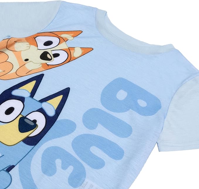 Bluey Toddler 2-Piece Pajama Set with Short Sleeve Tee and Pull-On Pants in Light Blue with Bluey and Bingo Print, Sizes 2T-4T