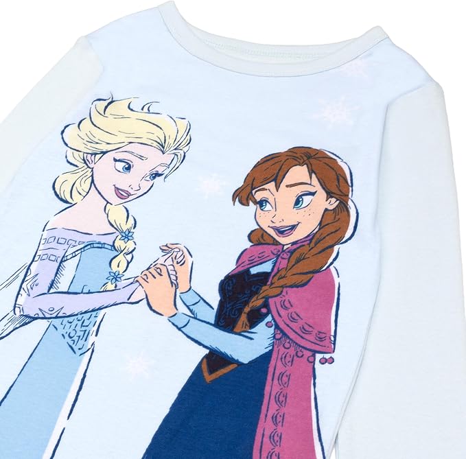 Disney Frozen Elsa and Anna Girls 4-Piece Long Sleeve Pajama Set with Snowflake Print Pants, Size 8