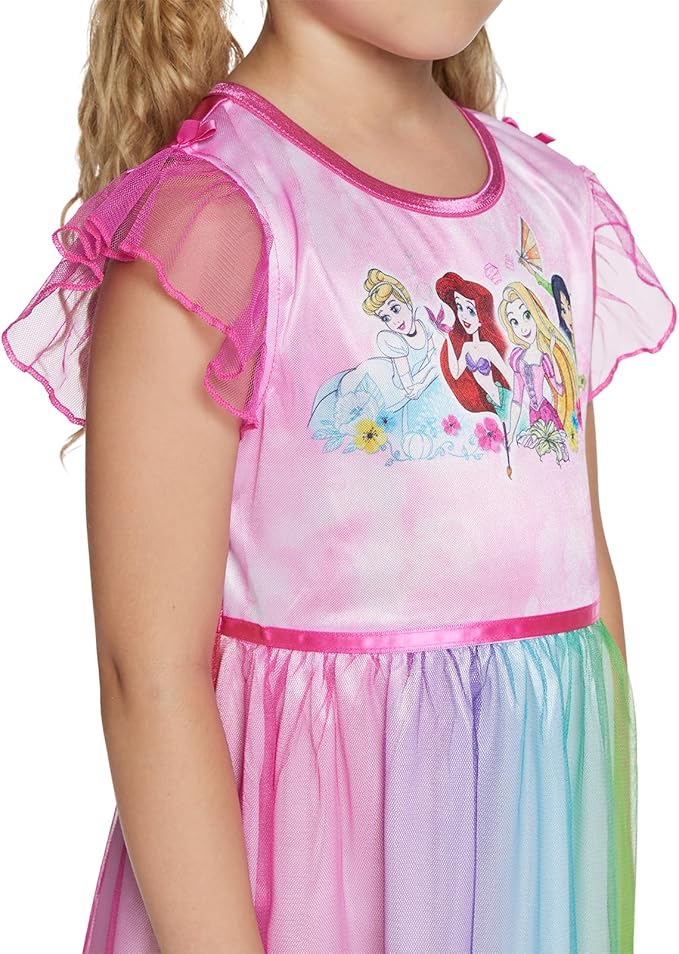 Disney Princess Girls Rainbow Nightgown Sleepwear with Tulle Overlay – Soft Fantasy Pajamas for Toddlers and Kids
