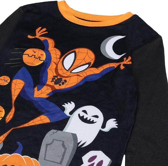 Marvel Spider-Man Halloween Boys 2-Piece Cotton Pajama Set, Long Sleeve Spidey and Ghost Graphic Top and Orange Pants