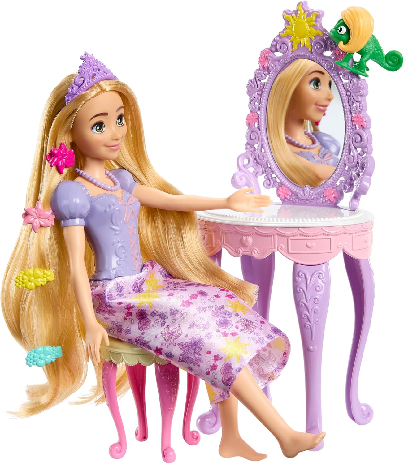 Disney Princess Rapunzel Fashion Doll with Vanity Mirror Stool and Hair Accessories Playset