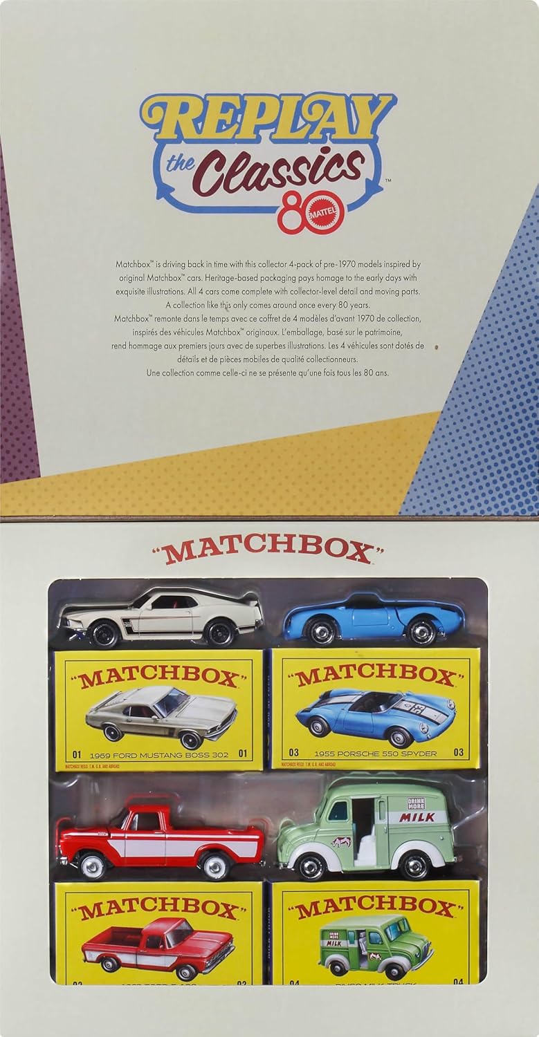 Matchbox Replay the Classics Gift Pack – 80Th Anniversary Vintage Die-Cast Car Set (Mustang, Porsche, F-100, Milk Truck)