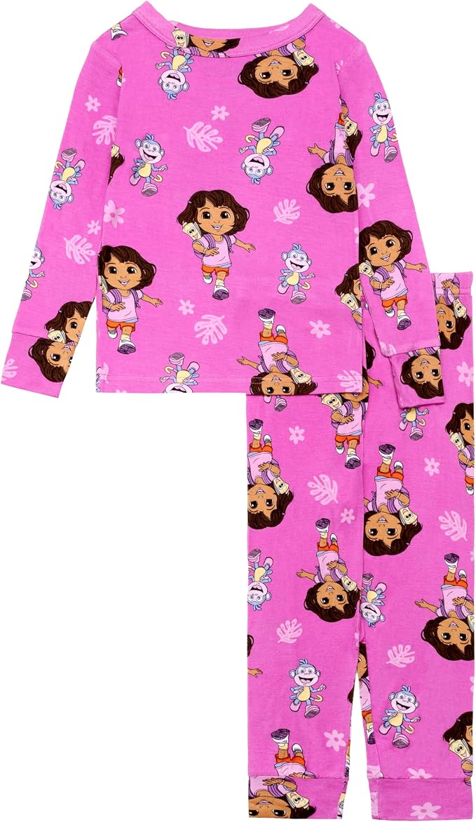 Dora the Explorer Girls Two-Piece Pajama Set, Pink Long Sleeve Top and Pants with Dora and Boots Print, Toddler and Kids Sleepwear