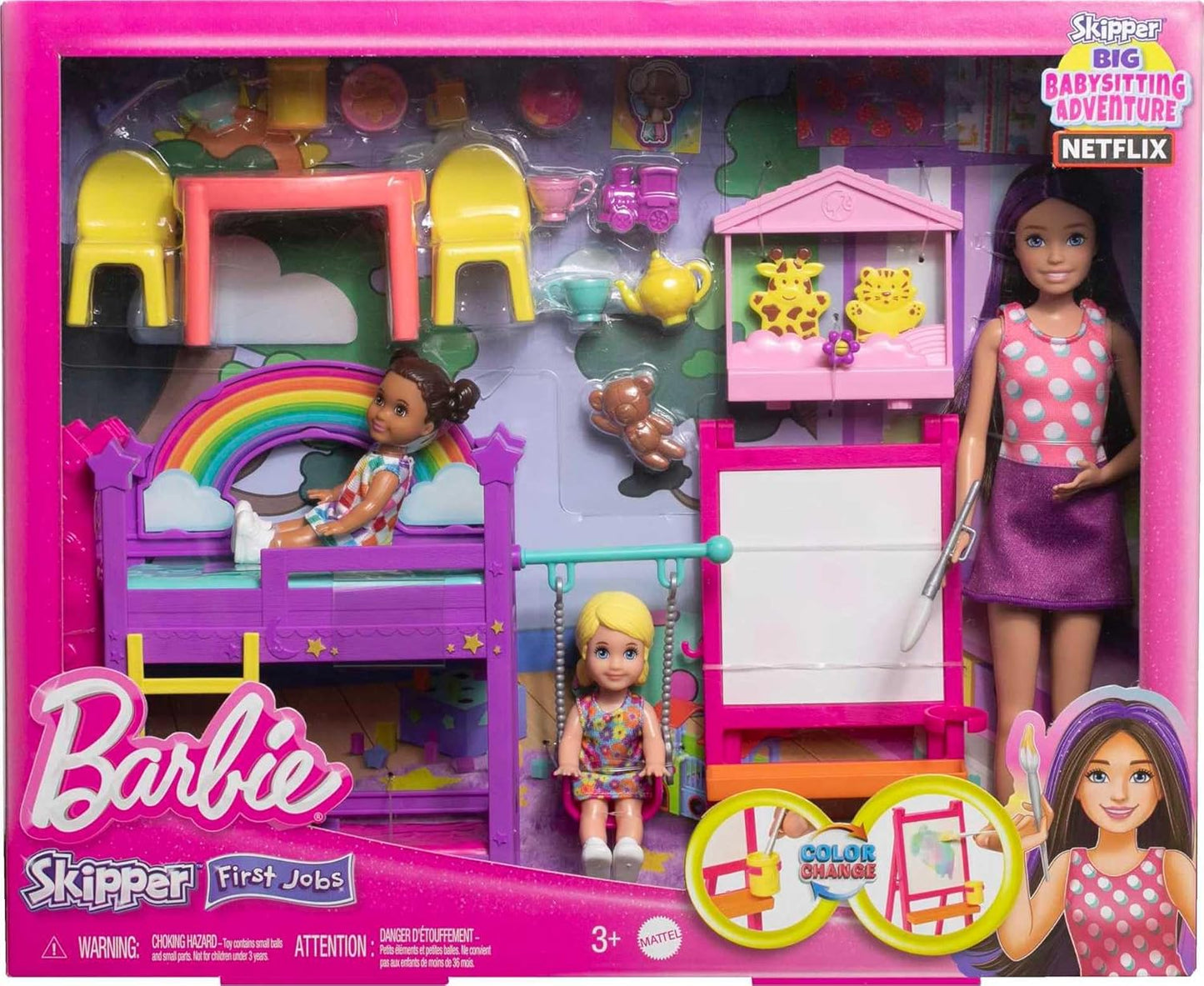 Barbie Skipper First Jobs Babysitting Playset with Toddler Dolls, Bunk Bed, and Color-Change Activity