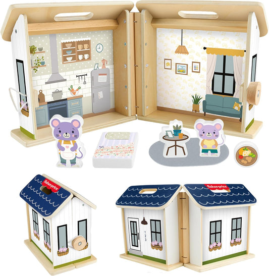 Fisher-Price Wooden Foldable Dollhouse Playset with Figures and Furniture