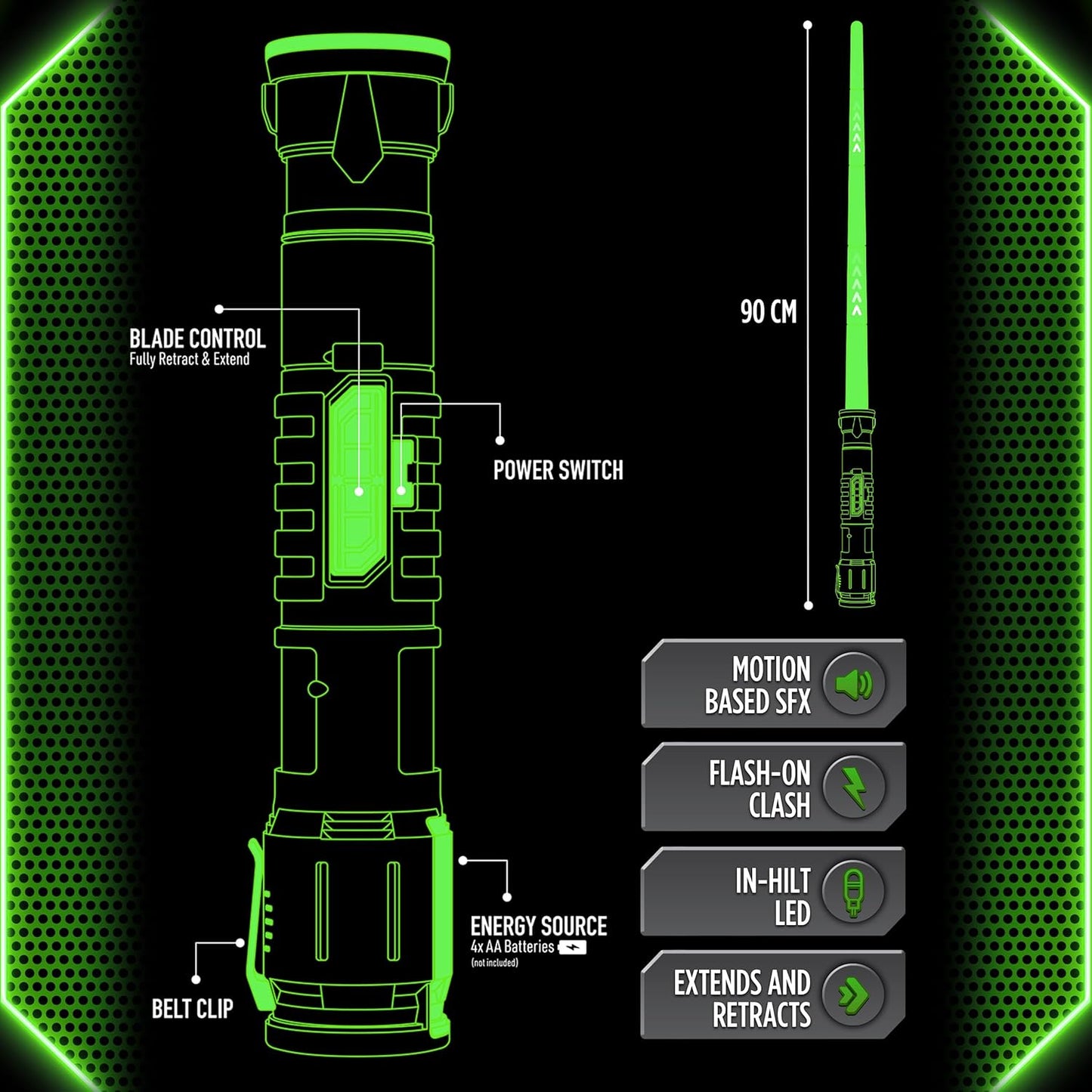 Power Saber Energy Blade – Green Auto-Extending Light-Up Saber Toy With Motion SFX & Clash Effects (Green)