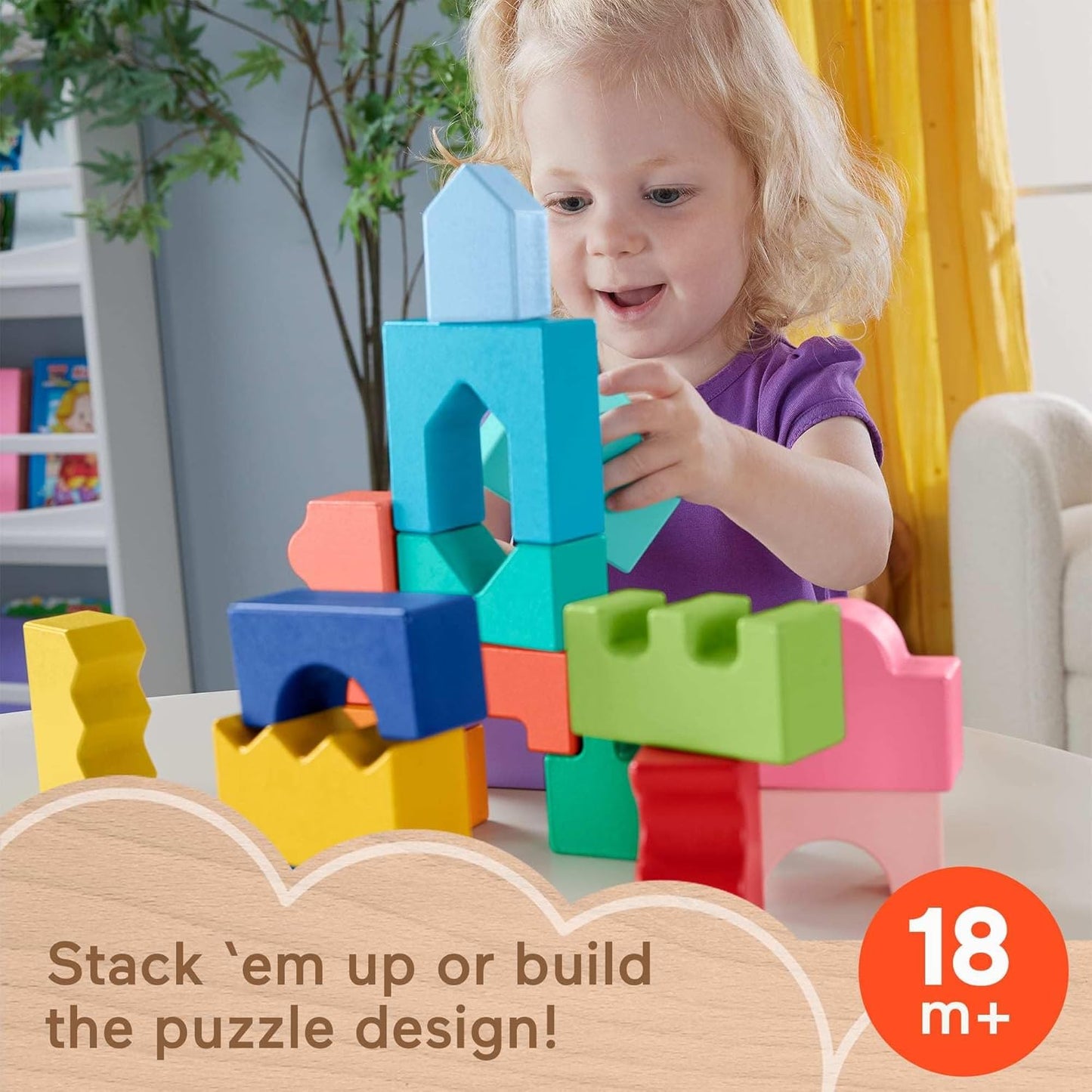 Fisher-Price Wooden Interlocking Blocks Puzzle Set with 20 Pieces for Toddlers