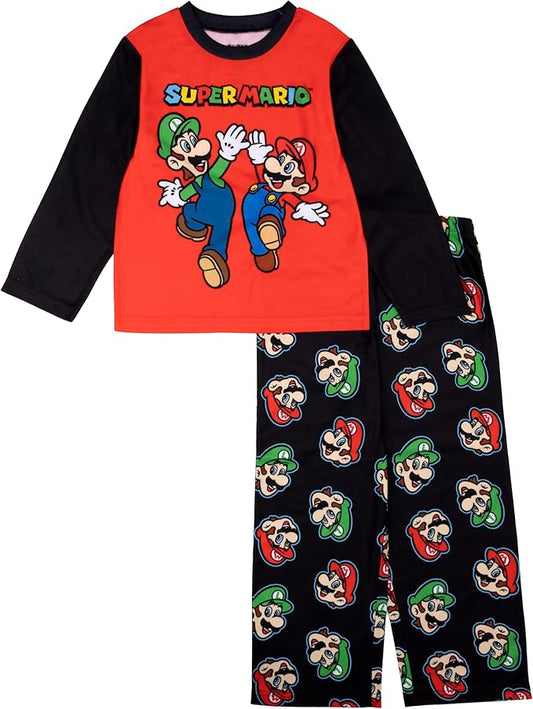 Super Mario Bros Boys 2-Piece Pajama Set – Long Sleeve Top and Pants Sleepwear, Kids Set