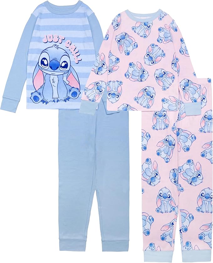 Disney Lilo & Stitch Toddler Girls 4-Piece Pajama Set – Long Sleeve Tops and Matching Pants Sleepwear
