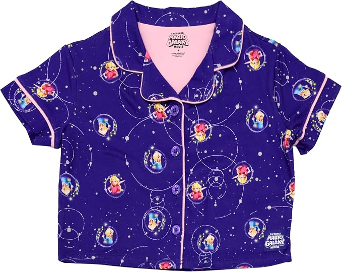 Super Mario Galaxy Movie Girls Short Sleeve Button-Up Pajama Set with Shorts, Purple Galaxy Print with Pink Piping, Sizes 4-10