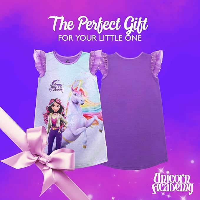 Unicorn Academy Girls Nightgown, Sofia and Wildstar Graphic Sleep Dress with Ruffle Flutter Sleeves, Purple and Lavender