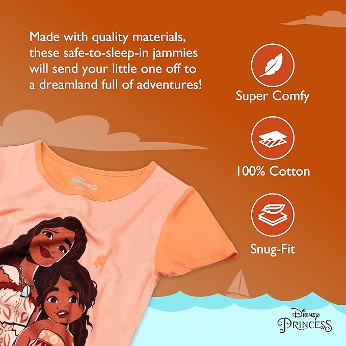 Disney Moana 2 Toddler Girls Ocean Sisters 4-Piece Pajama Set – Short Sleeve Tops, Shorts and Pants Sleepwear