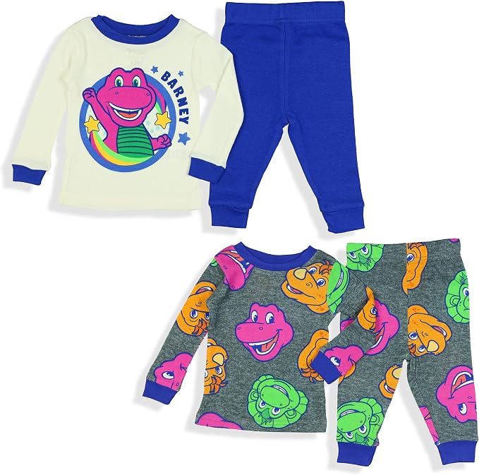 Barney Toddler Unisex 4-Piece Pajama Set with Long Sleeve Tops and Jogger Pants, Cream and Blue and Gray Character Print, Sizes 2T-4T