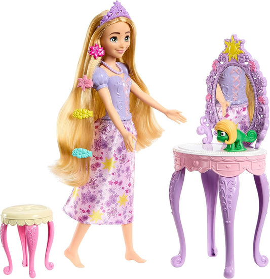 Disney Princess Rapunzel Fashion Doll with Vanity Mirror Stool and Hair Accessories Playset