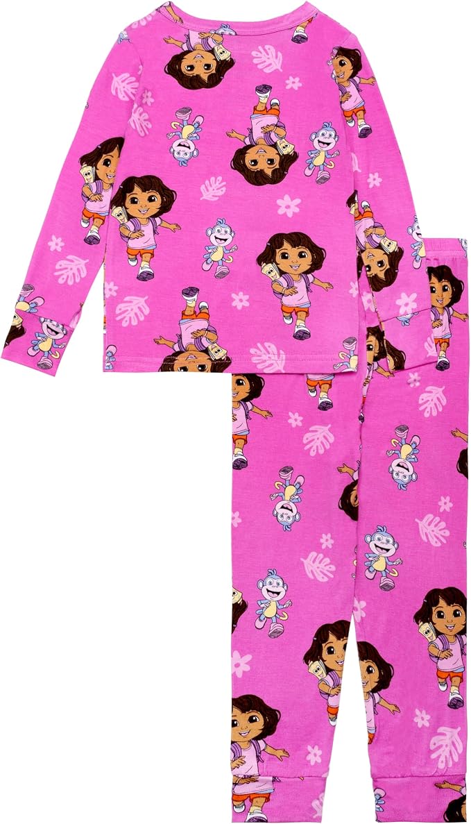Dora the Explorer Girls Two-Piece Pajama Set, Pink Long Sleeve Top and Pants with Dora and Boots Print, Toddler and Kids Sleepwear
