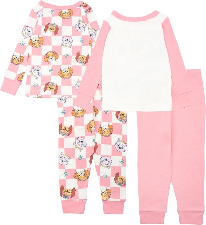 Paw Patrol Girls 4-Piece Cotton Pajama Set, Skye and Everest Graphic Tees and Matching Pants, Snug Fit Sleepwear, Pink/White