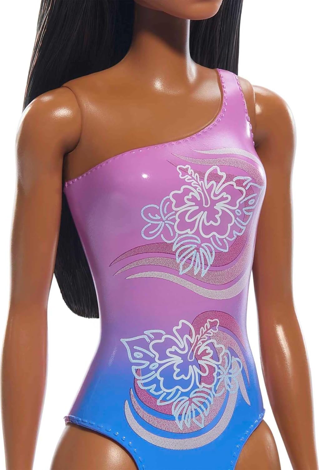 Barbie Beach Doll with Pink and Blue One-Piece Swimsuit, Brunette Hair