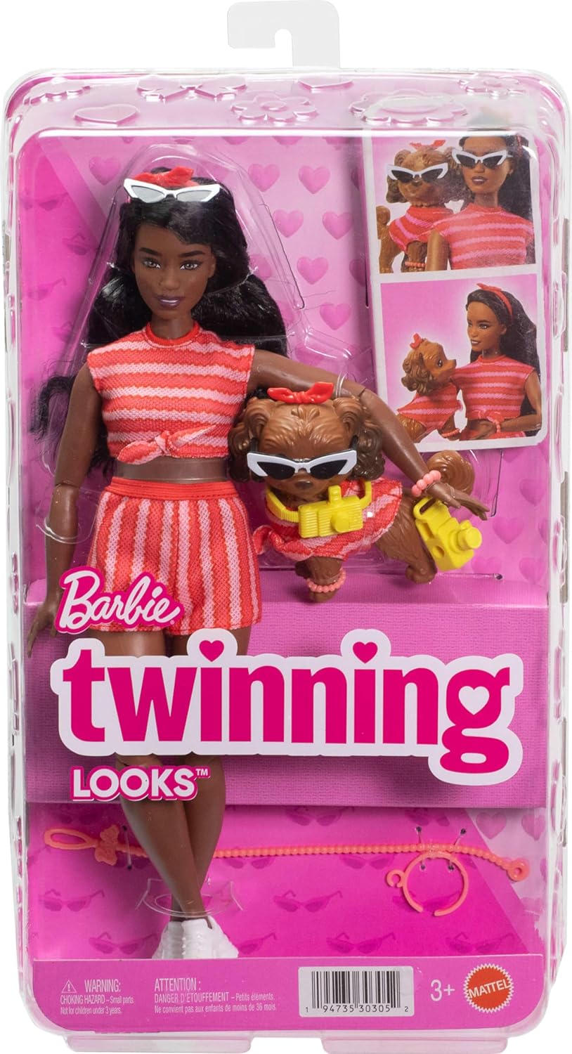 Barbie Twinning Looks Doll and Puppy Set in Red Striped Outfits with Accessories