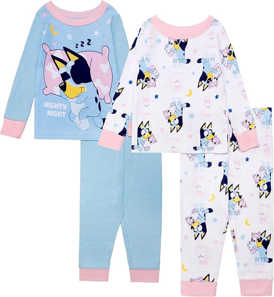 Bluey Toddler Girls 4-Piece Pajama Set Long Sleeve Tops and Pants Cotton Sleepwear