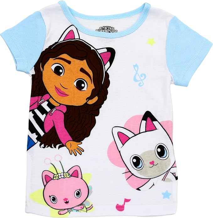 Gabby's Dollhouse Girls 4-Piece Cotton Pajama Set, Gabby Pandy Paws and Mercat Graphic Tees and Matching Shorts, Yellow/Blue