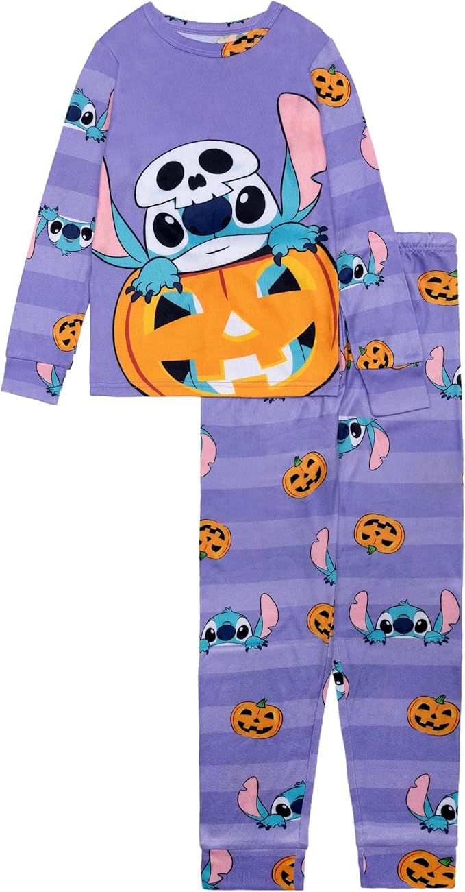 Disney Stitch Halloween Girls 2-Piece Cotton Pajama Set, Long Sleeve Stitch Pumpkin Graphic Top and Striped Pants, Purple