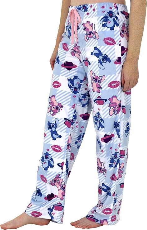 Disney Lilo & Stitch Women's Pajama Pants Stitch and Angel Blue Plaid Print Soft Drawstring Lounge Sleep Pants Sizes S to XL