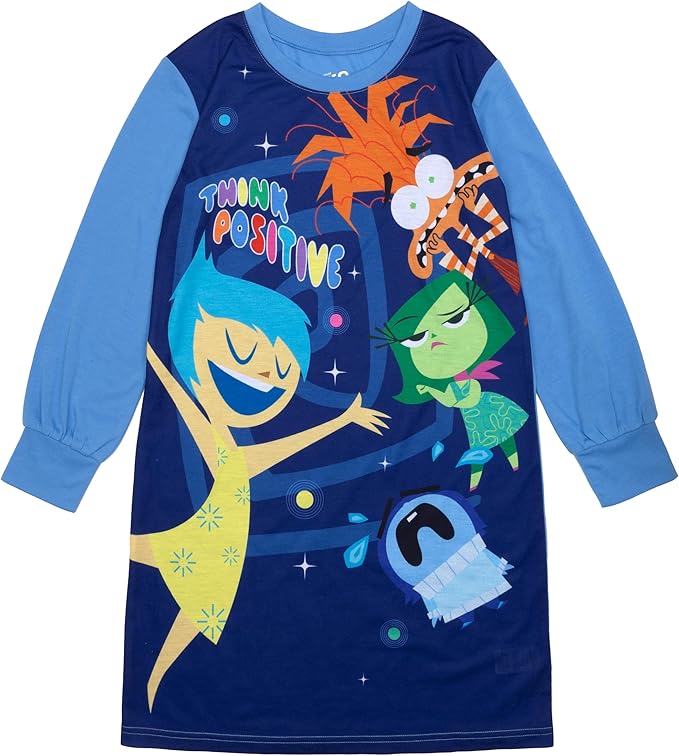 Disney Pixar Inside Out 2 Girls Nightgown, Long Sleeve "Think Positive" Sleep Dress with Joy and Anxiety, Navy/Blue