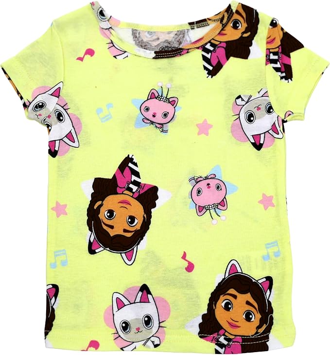 Gabby's Dollhouse Girls 4-Piece Cotton Pajama Set, Gabby Pandy Paws and Mercat Graphic Tees and Matching Shorts, Yellow/Blue